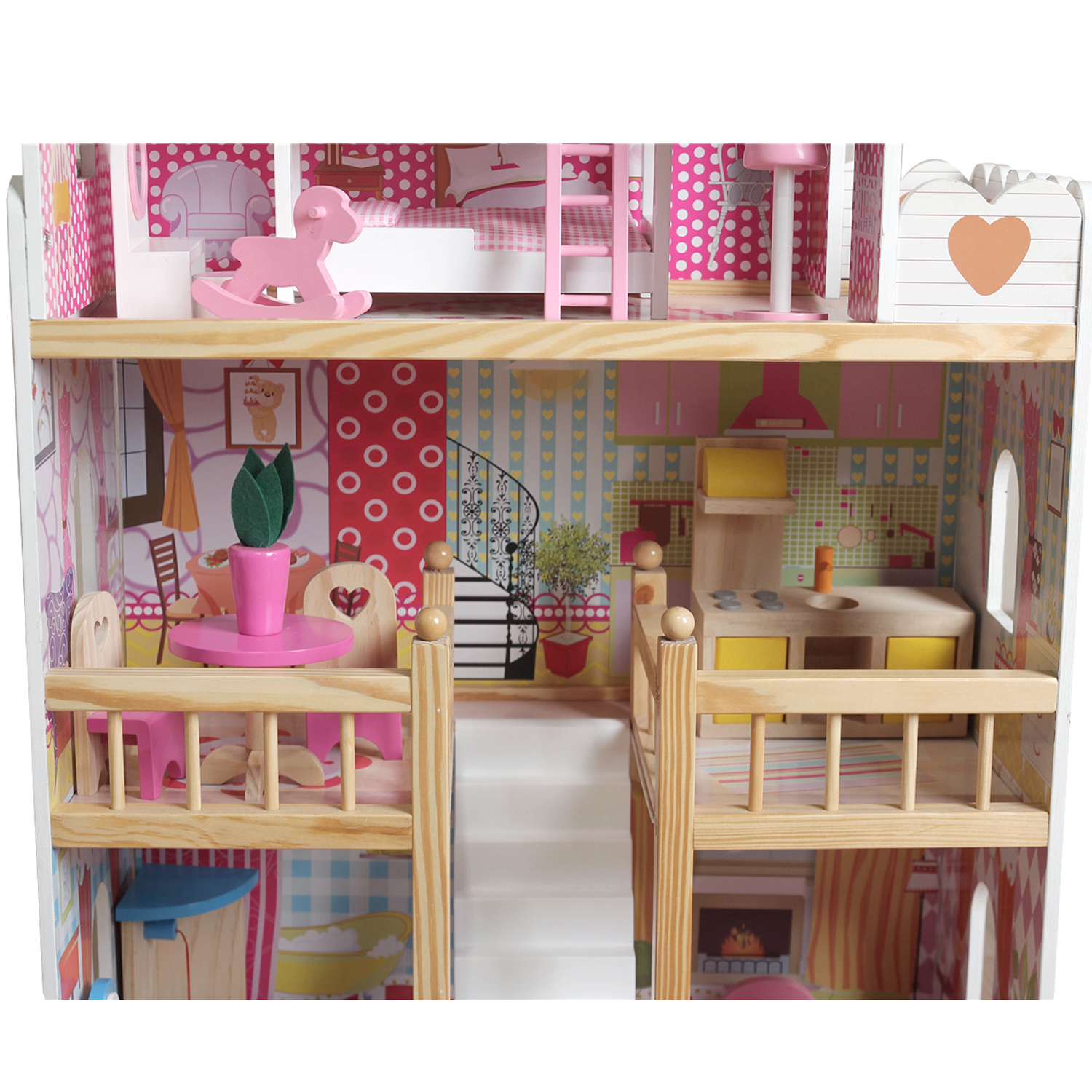 MB Wooden Kids Doll House With 17PCS Furniture & Staircase Barbie Dolls House eBay