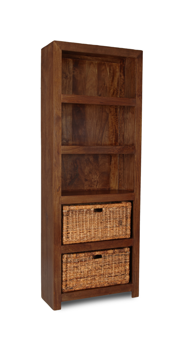 Dark Dakota Solid Mango Furniture Bookcase With Rattan Baskets